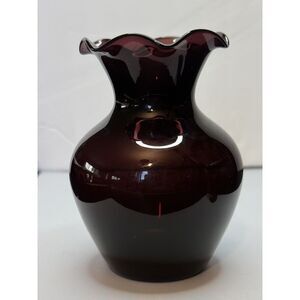 Dark Amethyst Glass Bud Vase With Ruffled Rim‎ 4.5"